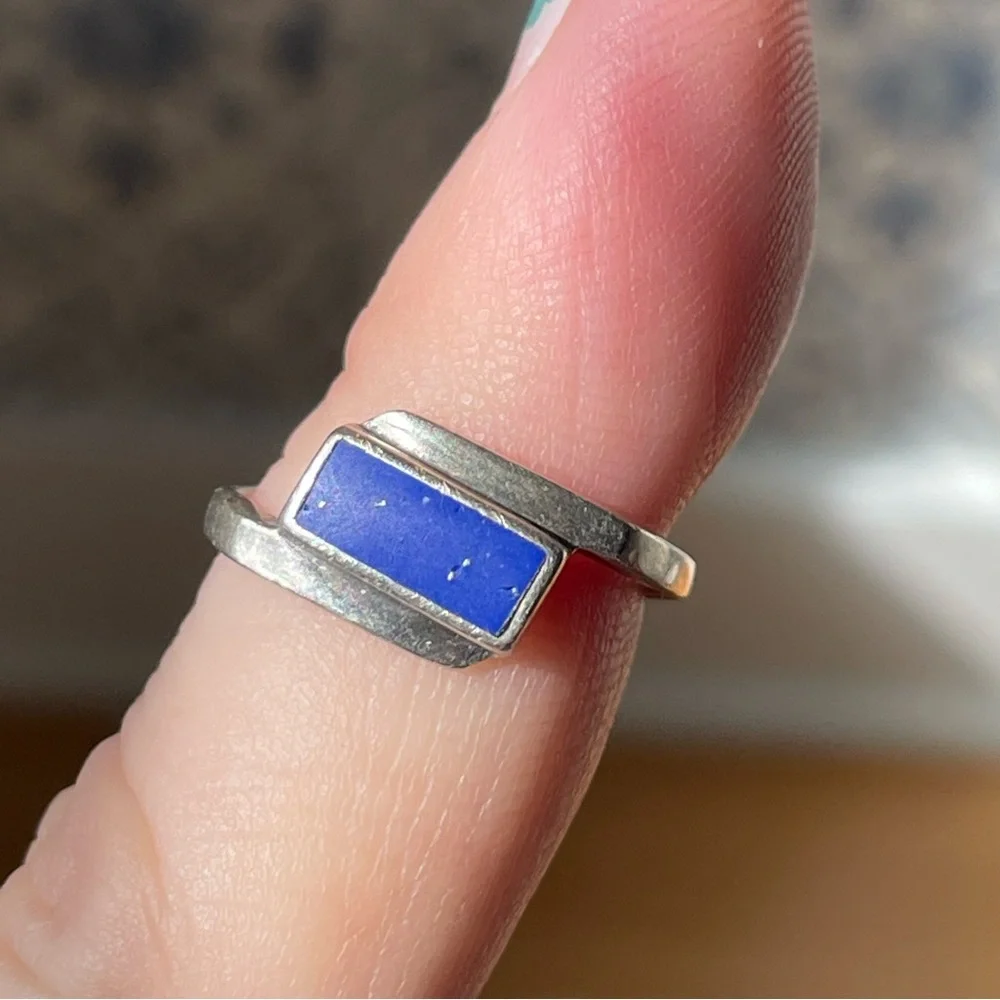 Angular vintage stamped 925 sterling silver & lapis lazuli? ring sz 6.25